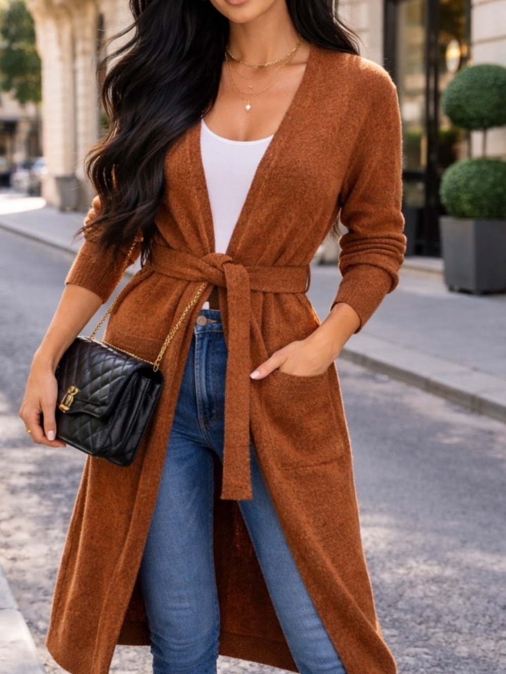 Line & Dot | Long Open-Front Knit Cardigan in Rust Brown | Size Medium